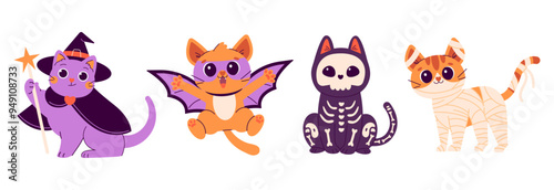 Set of cute Happy Halloween stickers with cats in different costumes, mummy, ghosts, vampire, skeleton. illustrations for Halloween holiday. Trick or treat Vector illustration in flat style isolated