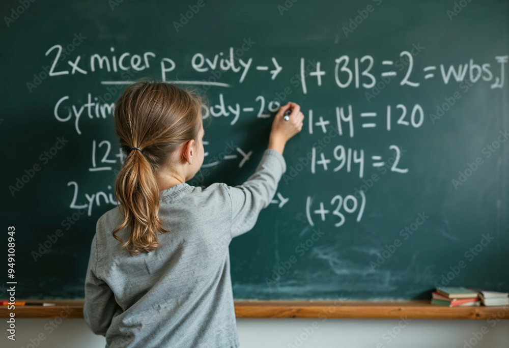 Girl Solving Math Equations on Classroom Chalkboard Girl Solving Math Equations on Classroom Chalkboard