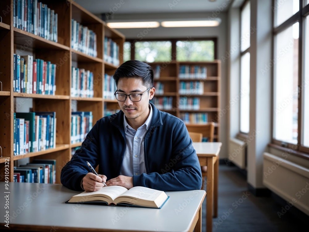 Young Man Studying and Taking Notes in a Library Young Man Studying and Taking Notes in a Library
