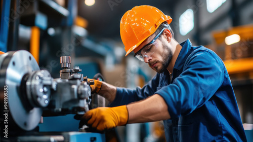 Focused engineer in safety gear operates an industrial lathe machine in a manufacturing facility, showcasing precision engineering.