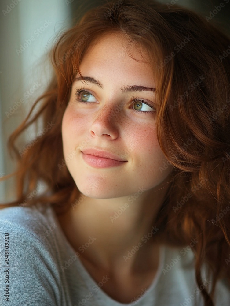 Natural Beauty: Portrait of a Young Woman with Freckles and Wavy Hair Natural Beauty: Portrait of a Young Woman with Freckles and Wavy Hair