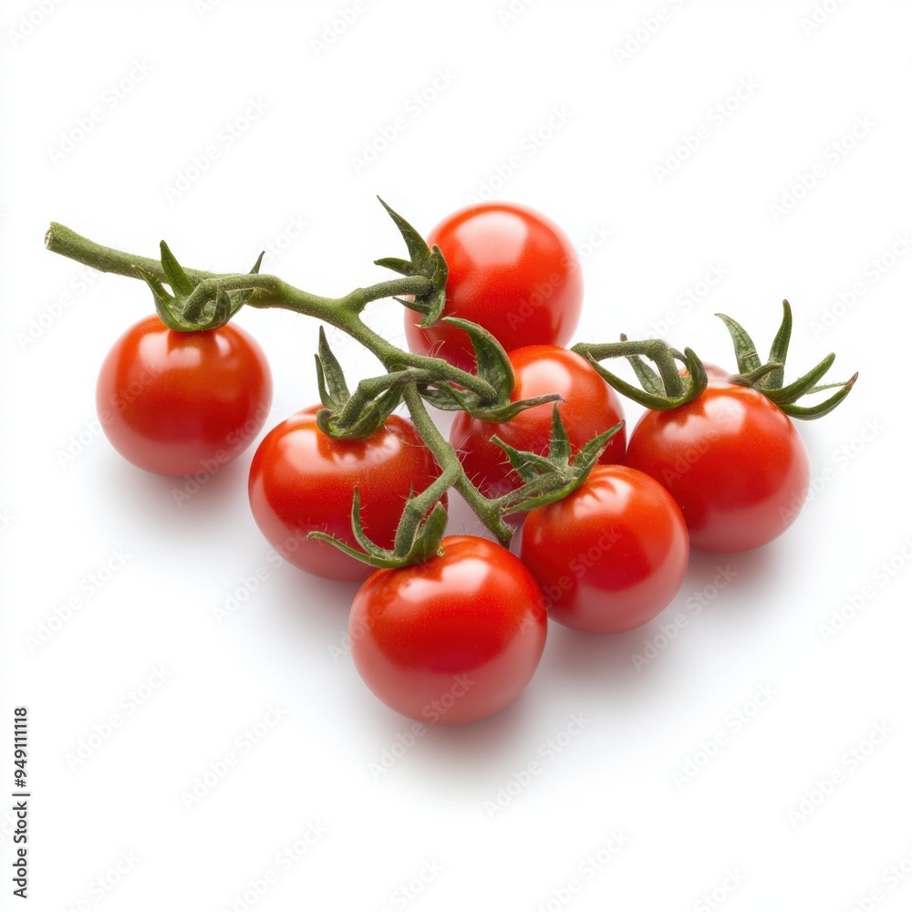 Side view of several cherry tomatoes on the vine, isolated on a white background. Side view of several cherry tomatoes on the vine, isolated on a white background.