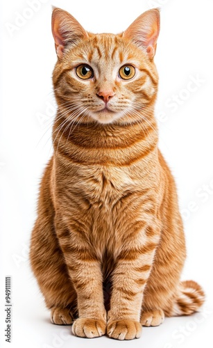 Orange cat sitting, full-body shot, against a white background, with studio lighting, high-definition details, in a realistic photography style