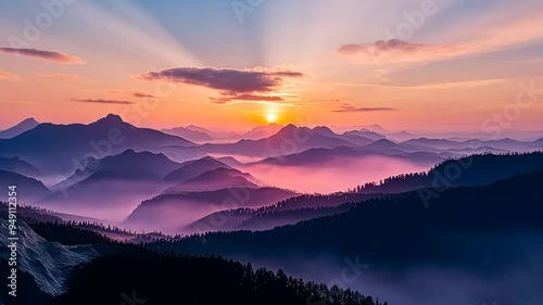 sunrise over misty mountain landscape, serene calm concept.