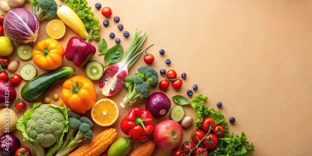 Pattern of variety of fresh organic fruits and vegetables and healthy vegan meal ingredients on beige background Pattern of variety of fresh organic fruits and vegetables and healthy vegan meal ingredients on beige background