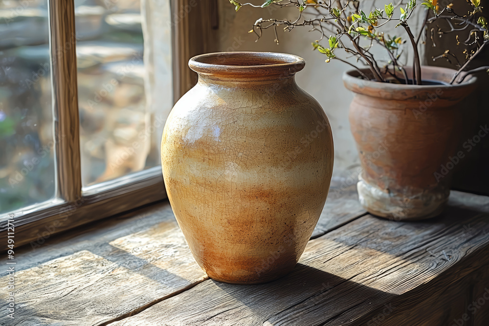 A solitary, unembellished clay pot on a rustic wooden table, showcasing the beauty of uncomplicated ceramics. Concept of traditional minimalism and natural materials. A solitary, unembellished clay pot on a rustic wooden table, showcasing the beauty of uncomplicated ceramics. Concept of traditional minimalism and natural materials.