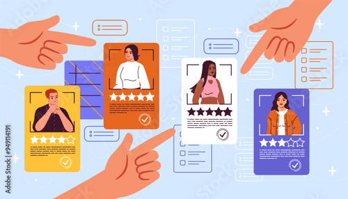 Ranking of employees. Hands with resumes and curriculum vitae. Rating of workers. Headhunting and recruiting. HR managers with candidates at vacancy. Flat vector illustration