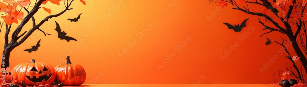 A vibrant Halloween scene with pumpkins, bats, and autumn trees against an orange background, perfect for spooky celebrations. A vibrant Halloween scene with pumpkins, bats, and autumn trees against an orange background, perfect for spooky celebrations.