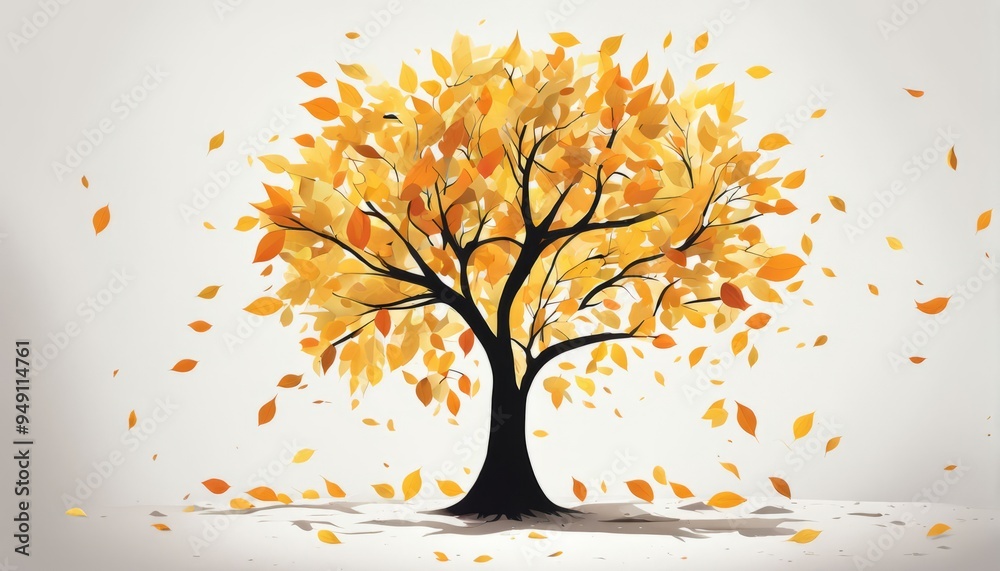 Fototapeta premium Folhas de outono, folhas amarelas e laranjadas caindo de uma árvore estilizada.