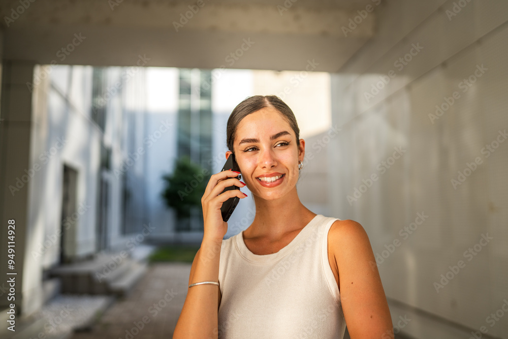 Portrait of young woman talk on mobile phone in front building
