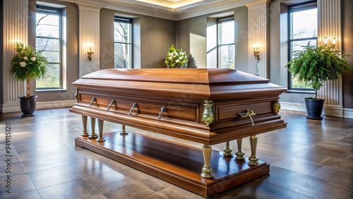 A polished wooden casket adorned in a serene funeral setting
