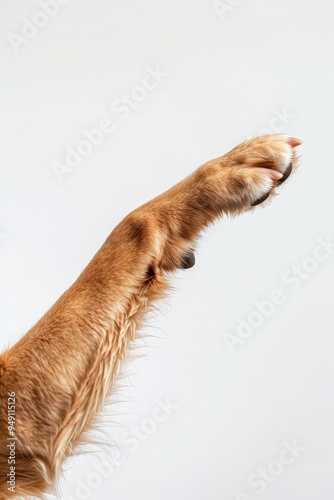 Dog paw detail on white background. Banner for veterinary care, animal support, pet welfare, love and care for animals. photo