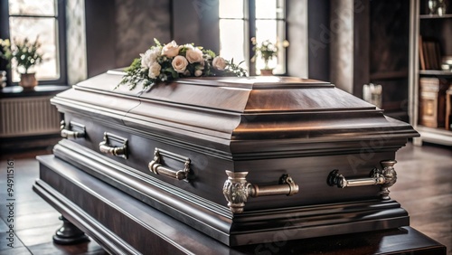 A polished wooden dark casket adorned with white flowers in a serene funeral setting