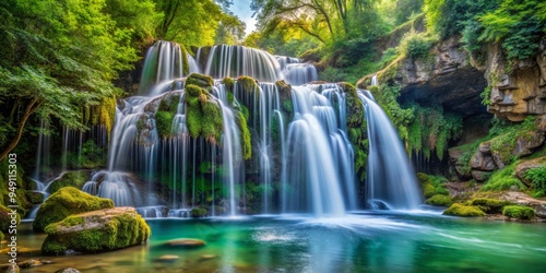 Cascading waterfall hidden grotto, where the water flows upwards, defying gravity, in a mesmerizing display of natural magic.