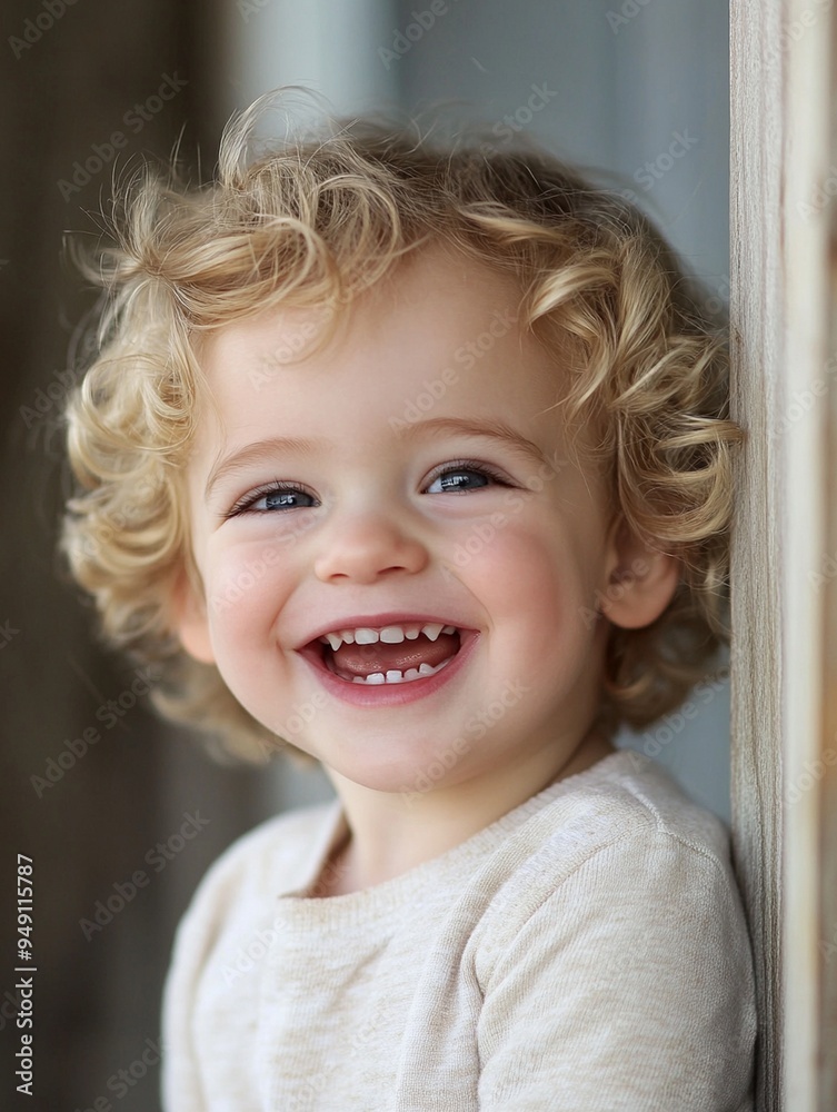 Joyful Toddler with Curly Hair Smiling Brightly - Happy Childhood Moments Joyful Toddler with Curly Hair Smiling Brightly - Happy Childhood Moments