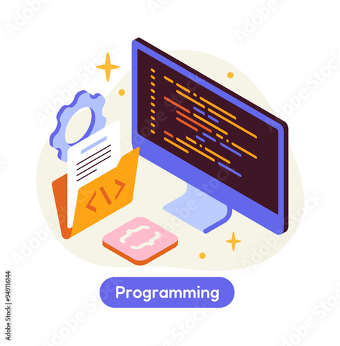 Software development stage. Process of developing application or program. Programming and writing code at computer. Isometric 3D vector illustration isolated on white background