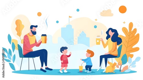 Family Enjoying Coffee Break in City Park Illustration