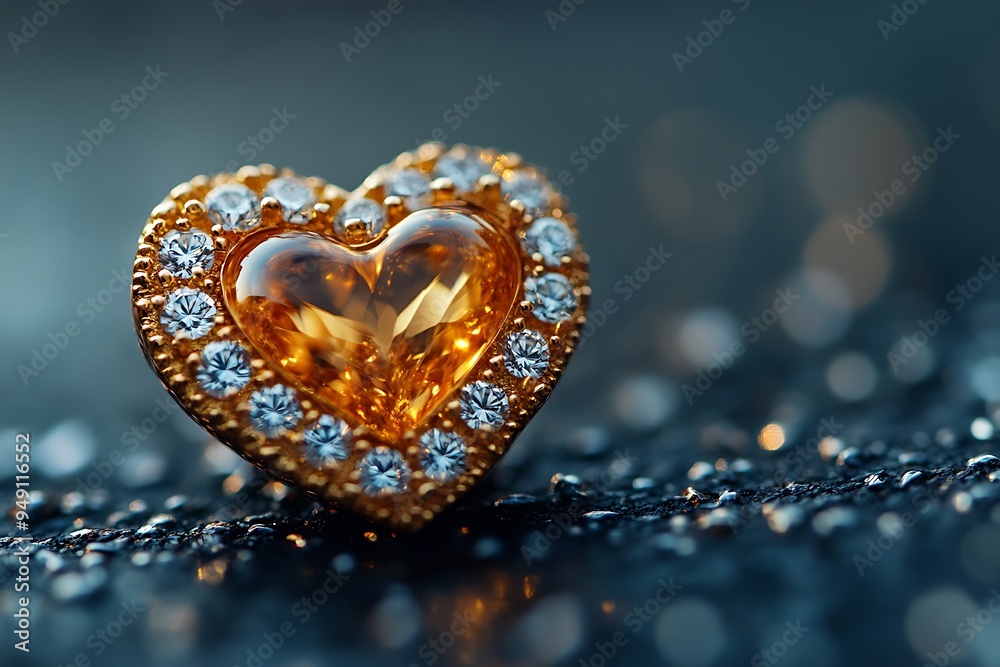 A heart-shaped piece of jewelry adorned with diamonds on a dark, sparkling surface. A heart-shaped piece of jewelry adorned with diamonds on a dark, sparkling surface.
