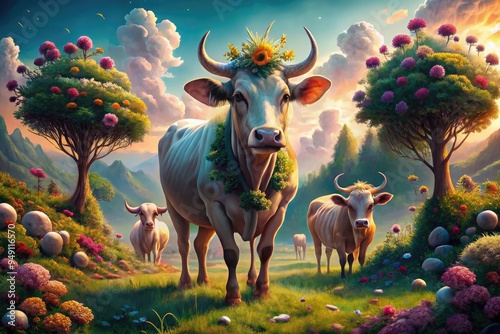 surreal dreamlike illustrations of cow breeds in fantastical environments photo