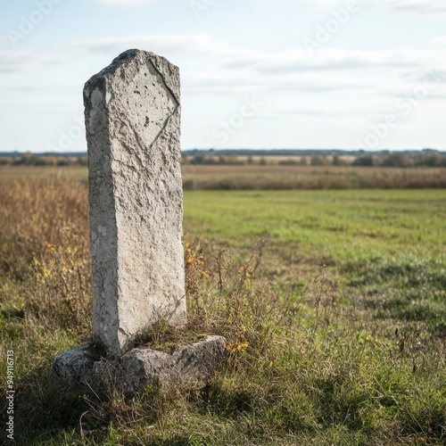 Historic stone marker in a grassy field under clear sky