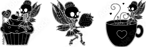 Fairy skeleton vector clipart, Halloween sublimation for print on demand, cupcake, strawberry, cup of coffee.