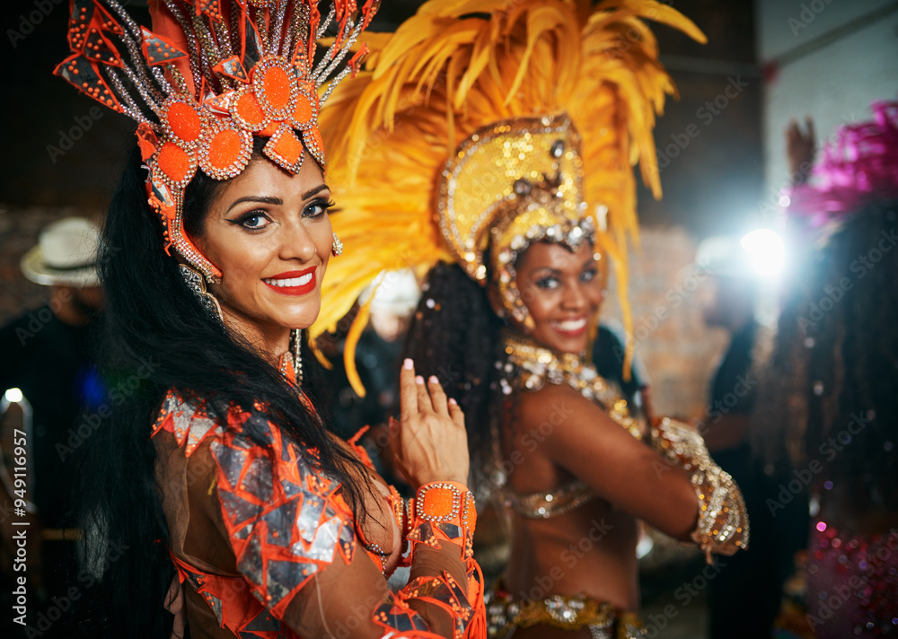 Carnival, portrait and women with costume for dancing, celebration and expression of Brazilian culture. Festival, people or tradition with dancers for performance, creativity or energy in music event Carnival, portrait and women with costume for dancing, celebration and expression of Brazilian culture. Festival, people or tradition with dancers for performance, creativity or energy in music event