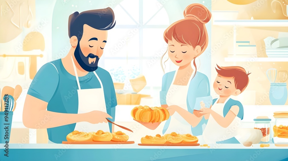 Happy Family Baking Together in Kitchen - Cartoon Illustration Happy Family Baking Together in Kitchen - Cartoon Illustration