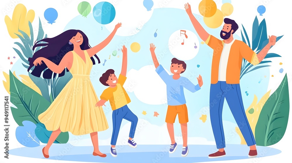 Happy Family Celebration with Balloons and Music Notes Happy Family Celebration with Balloons and Music Notes