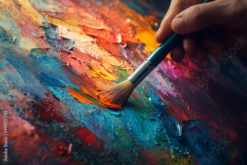 close shot of a paiter hand paint a colorful painting photo