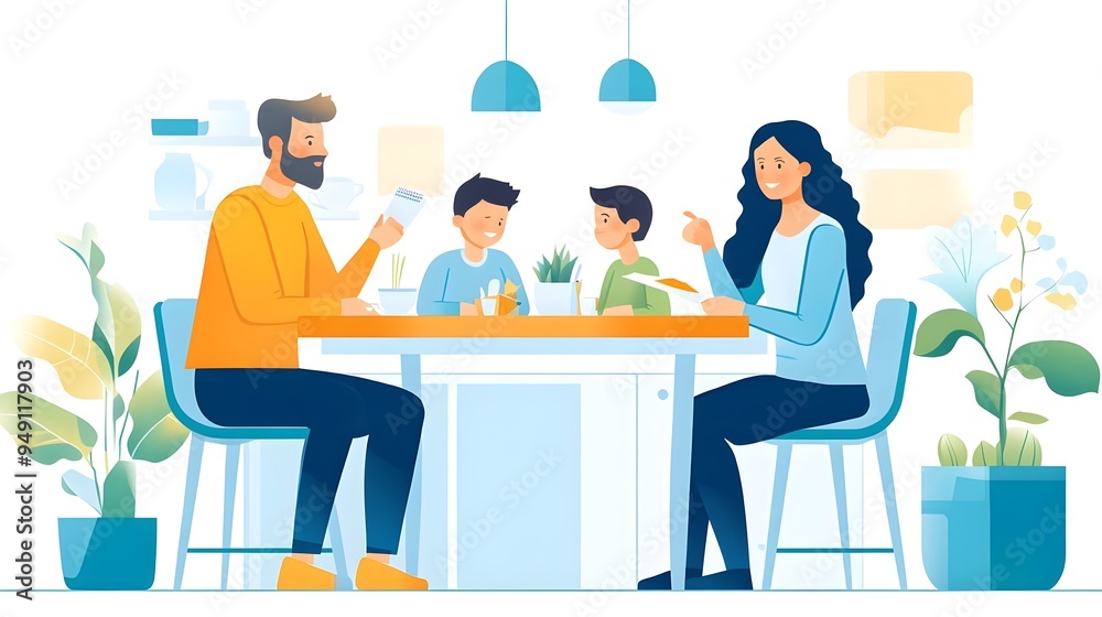 Happy Family Dinner Illustration - Modern Cartoon Style Happy Family Dinner Illustration - Modern Cartoon Style