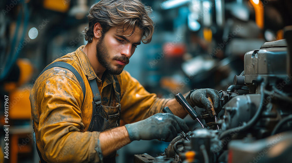 Mechanic Working Diligently on a Car in a Busy Garage Mechanic Working Diligently on a Car in a Busy Garage