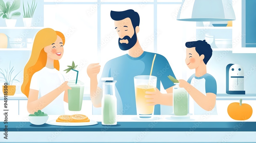 Happy Family Enjoying Healthy Drinks and Snacks