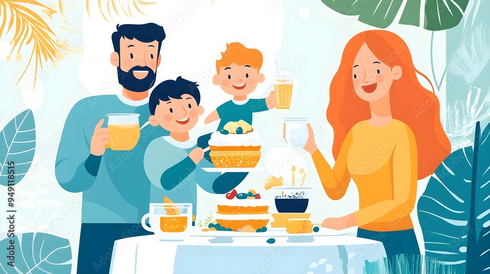 Happy Family Enjoying Drinks & Cakes Together