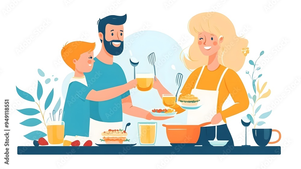 Happy Family Enjoying Meal Together, Cartoon Illustration Happy Family Enjoying Meal Together, Cartoon Illustration