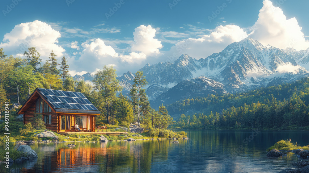 an eco-friendly cabin, solar panels on the roof, surrounded by a pristine natural setting.