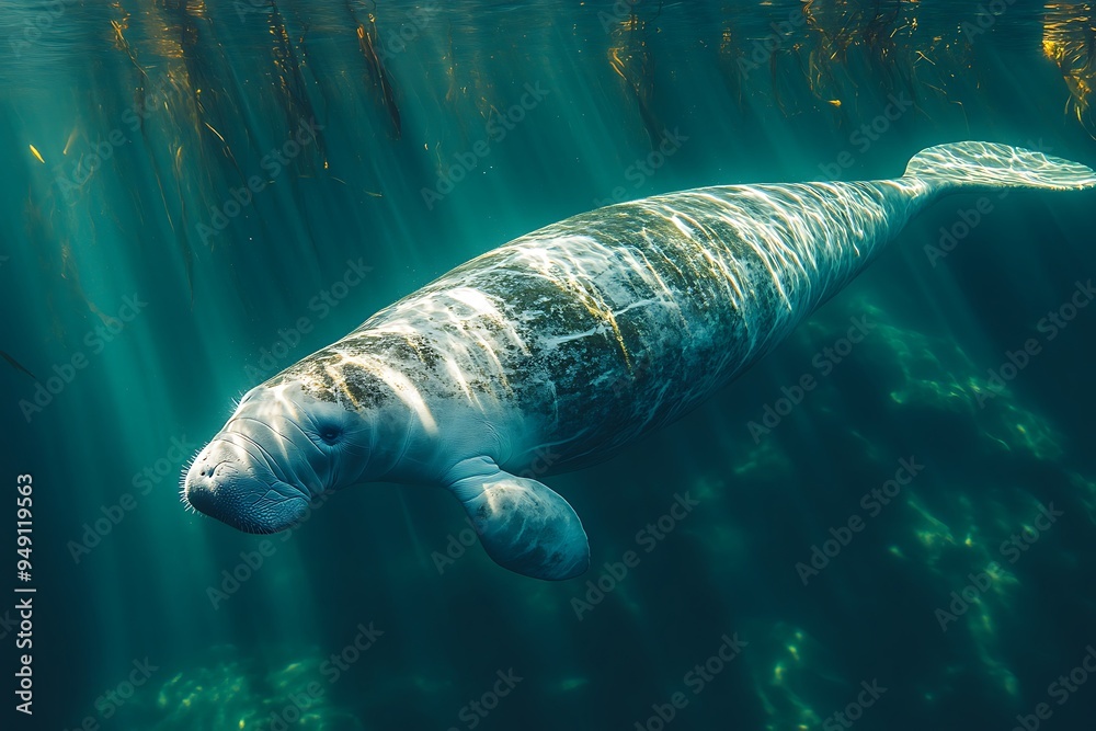 A lone manatee gracefully swims through sunlit waters. A lone manatee gracefully swims through sunlit waters.