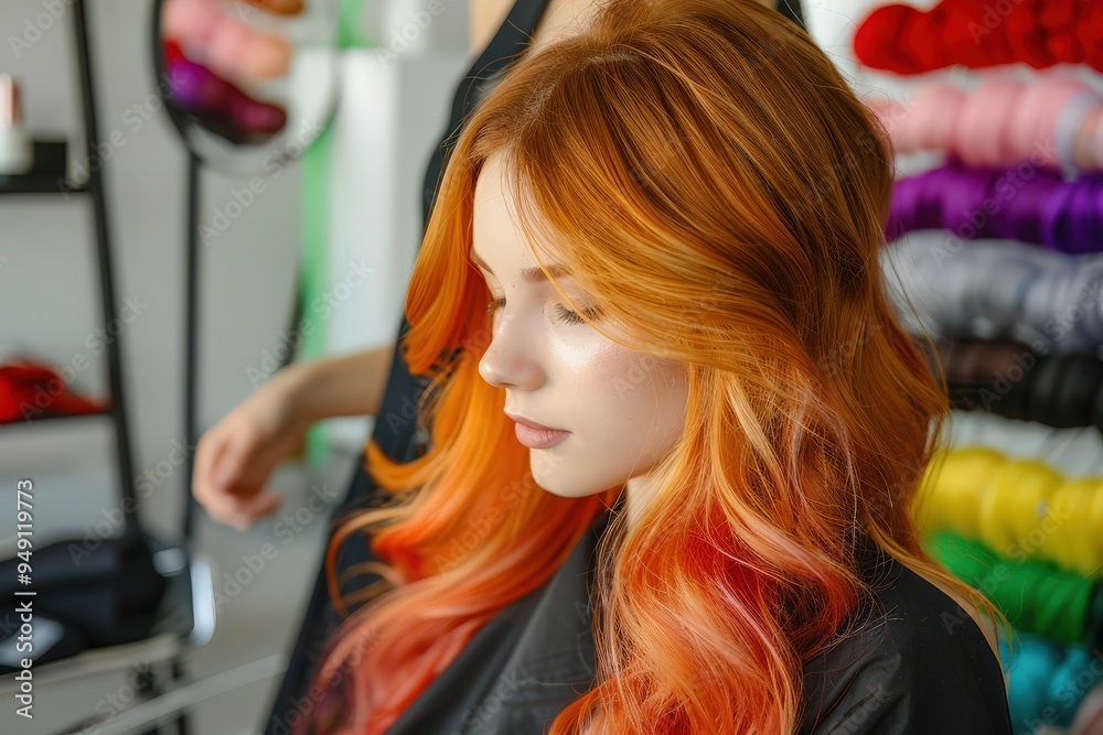 Fototapeta premium Close-up profile of a young woman with red hair, captured at a hair salon.