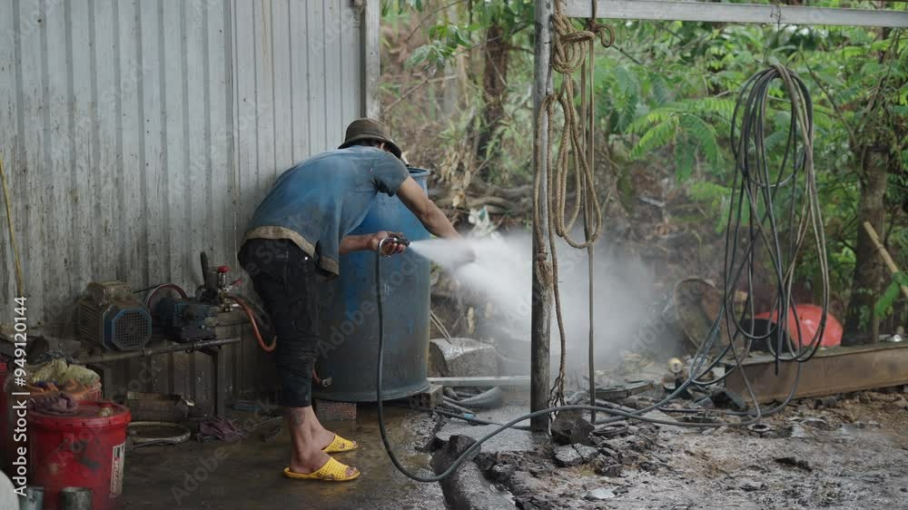 Young mechanic washing his hands and arms after a day's work in a small workshop in Vietnam Young mechanic washing his hands and arms after a day's work in a small workshop in Vietnam