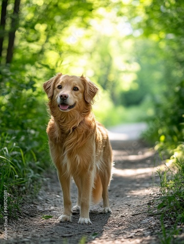 Happy Golden Retriever in Lush Green Forest Path