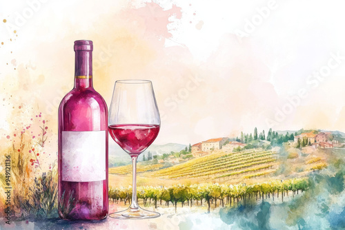 frame model - Watercolor illustration of a wine bottle and glass set against a scenic vineyard landscape with soft, warm tones.