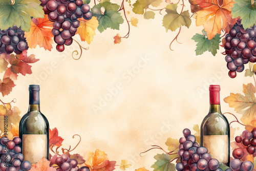 frame model - Watercolor painting of lush vineyards with rolling hills, accompanied by a glass of red wine in the foreground.