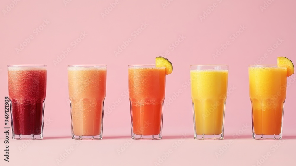 Fototapeta premium An inviting display of vibrant fruit smoothies in glassware showcases a variety of flavors perfect for a warm day