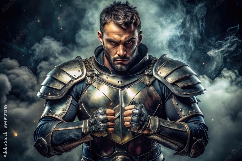 Fototapeta premium Ultimate Fighting Champion in Metallic Armor with Dark Mood