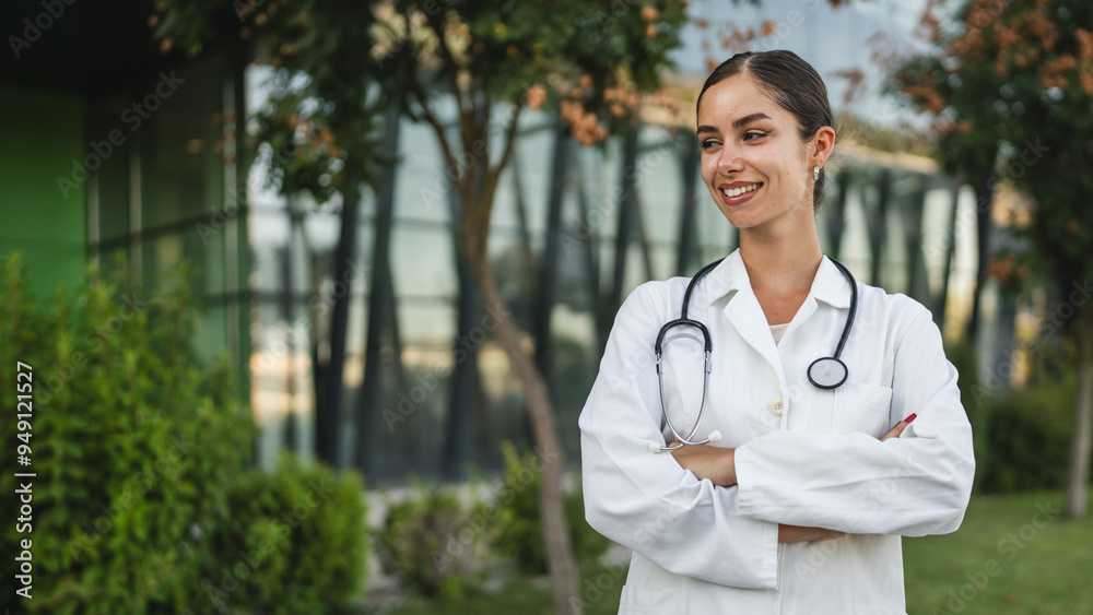 Young woman medical doctor portrait happy smile in front of hospital Young woman medical doctor portrait happy smile in front of hospital