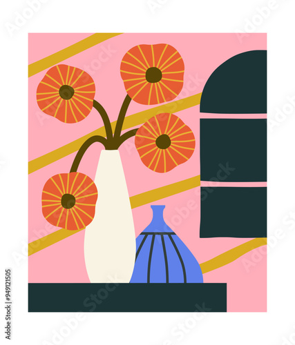 Still life poster. Vase with flowers at table. Minimalistic creativity and art. Design element for walls decorating. Comfort and coziness. Flyer, leaflet and booklet. Flat vector illustration
