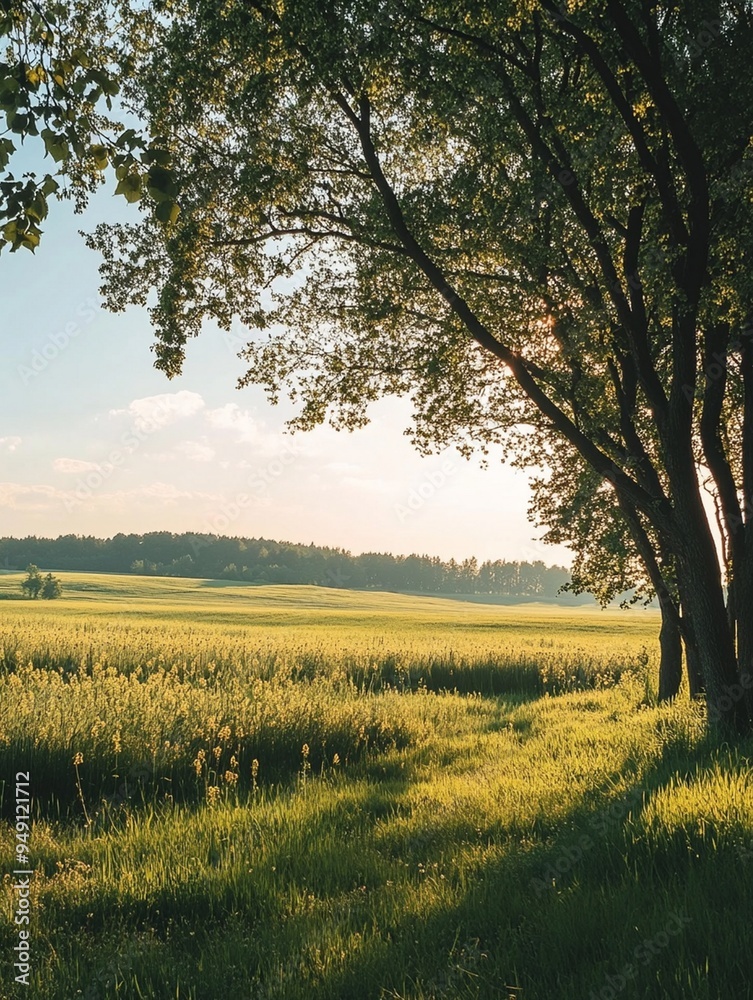 Tranquil Summer Landscape with Lush Green Fields and Sunlit Trees Tranquil Summer Landscape with Lush Green Fields and Sunlit Trees