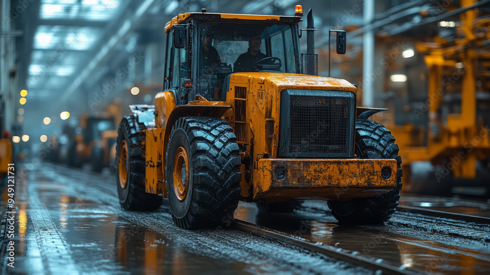 A group of migrant workers operating heavy machinery in a bustling factory, A group of migrant workers operating heavy machinery in a bustling factory,