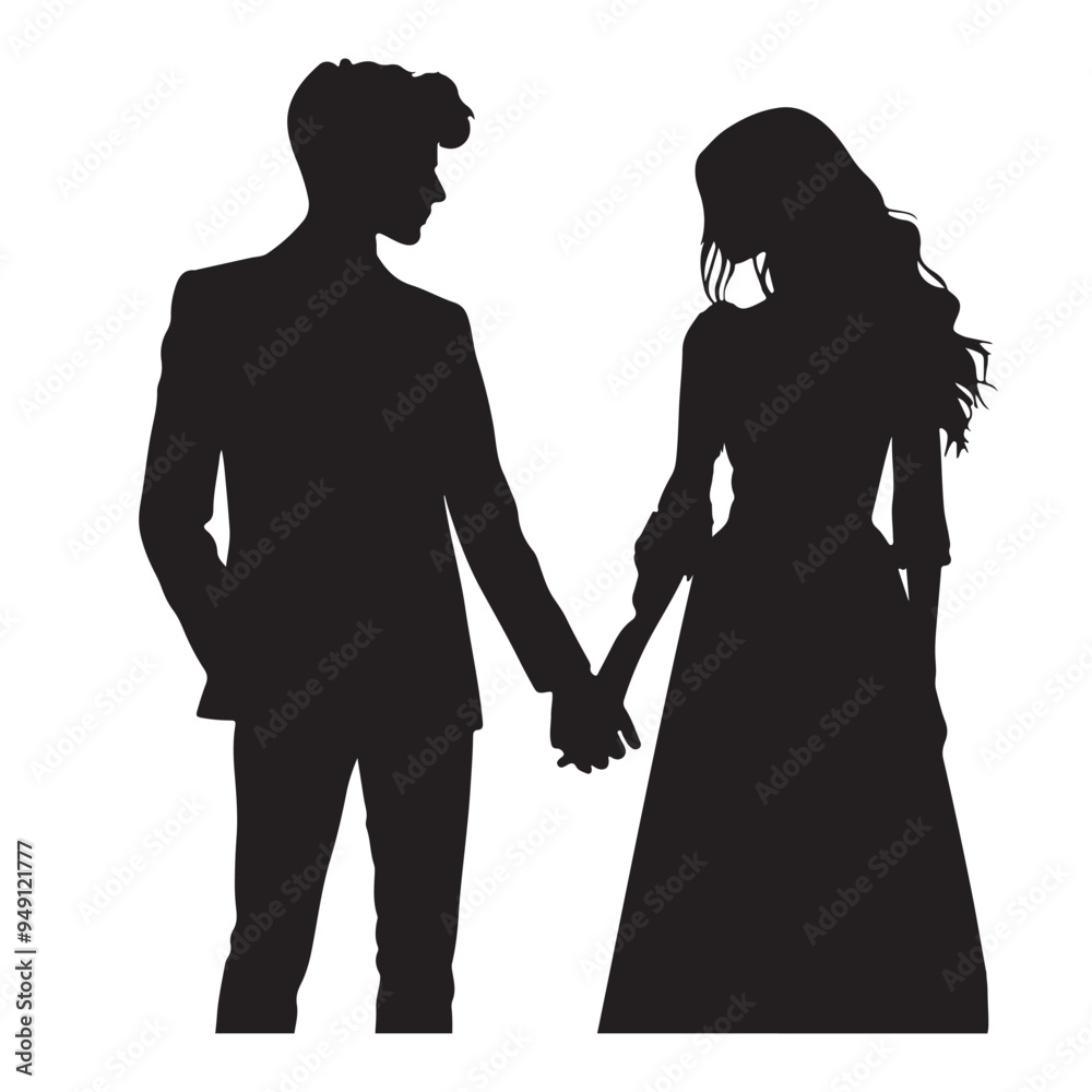 black Silhouette of a couple holding hands with white background black Silhouette of a couple holding hands with white background