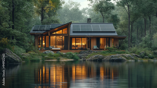 an eco-friendly cabin, solar panels on the roof, surrounded by a pristine natural setting.