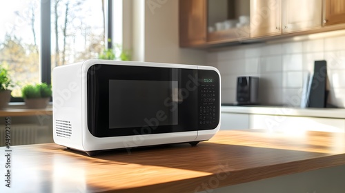 a modern white and black microwave in a house kitchen on the kitchen table. image used for an ad. 